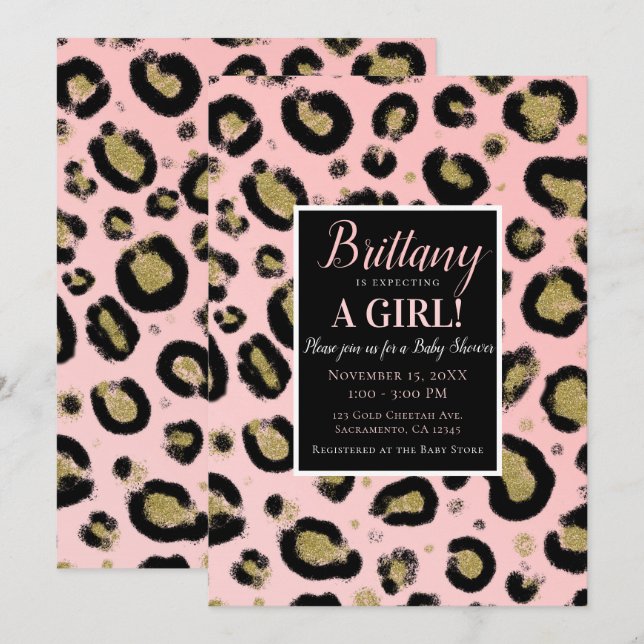 Pink Gold Glitzer & Black Leopard Baby Dusche Einladung (Vorne/Hinten)