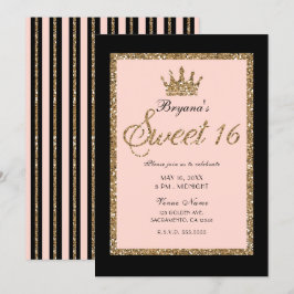 Pink Gold Glitzer & Black Sweet 16 Princess Crown Einladung