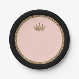Pink Gold Glitzer & Black Sweet 16 Princess Crown Pappteller