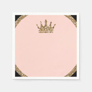 Pink Gold Glitzer & Black Sweet 16 Princess Crown Serviette