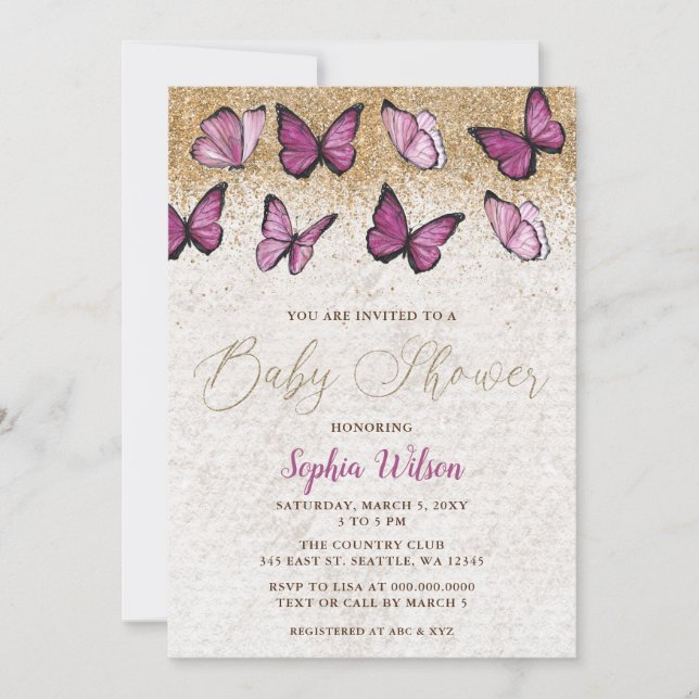 Pink Gold Glitzer Butterfly Babydusche Einladung (Vorderseite)