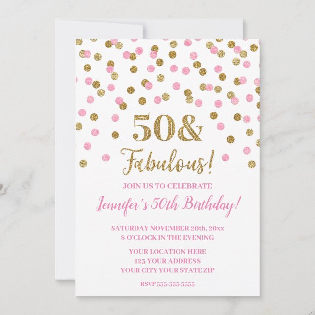 Pink Gold Glitzer Confetti 50 und fabelhaft Einladung (Rückseite)