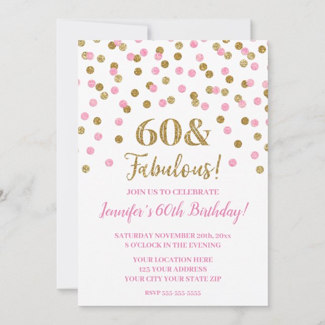 Pink Gold Glitzer Confetti 60 und fabelhaft Einladung (Rückseite)