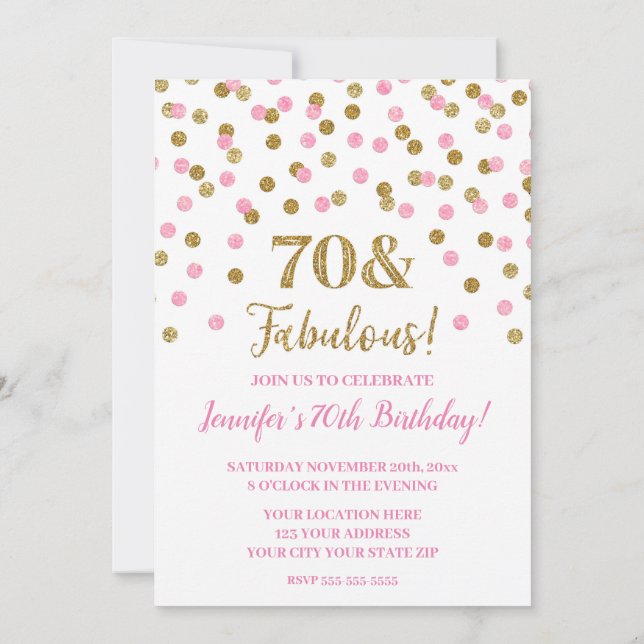 Pink Gold Glitzer Confetti 70 und fabelhaft Einladung (Rückseite)