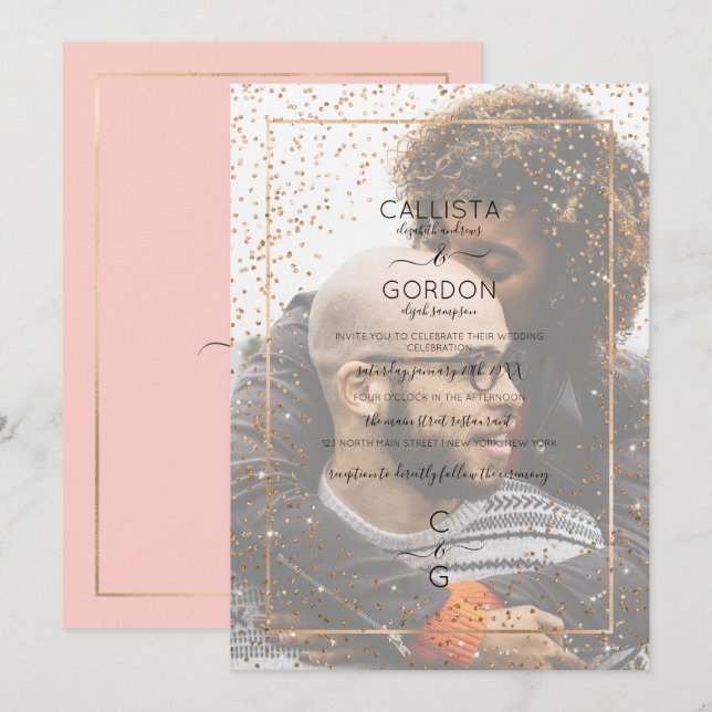 Pink Gold Glitzer Confetti Border Foto Hochzeit Einladung (Vorne/Hinten)