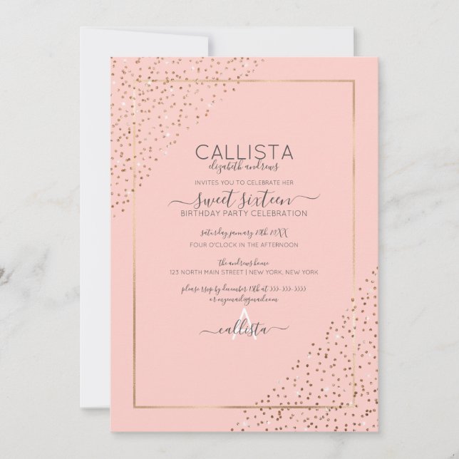 Pink Gold Glitzer Confetti Corners Sweet 16 Einladung (Vorderseite)