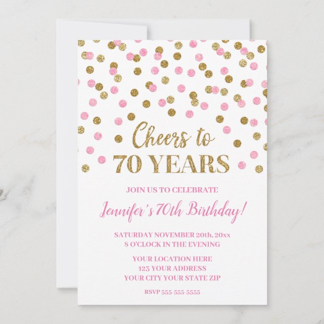 Pink Gold Glitzer Confetti Feiert 70 Jahre Einladung (Rückseite)
