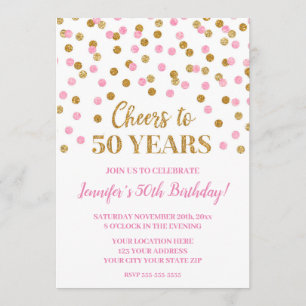 Pink Gold Glitzer Confetti freut sich auf 50 Jahre Einladung