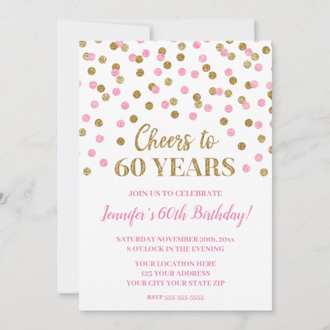 Pink Gold Glitzer Confetti freut sich auf 60 Jahre Einladung (Rückseite)