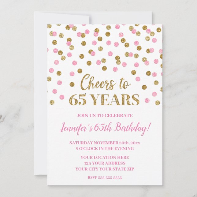 Pink Gold Glitzer Confetti freut sich auf 65 Jahre Einladung (Rückseite)