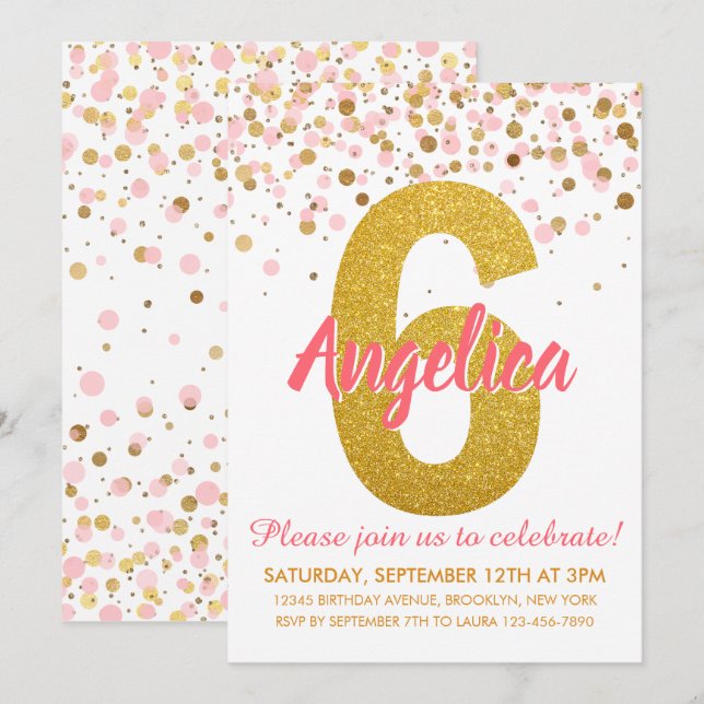 Pink Gold Glitzer Confetti Girl Einladung (Vorne/Hinten)
