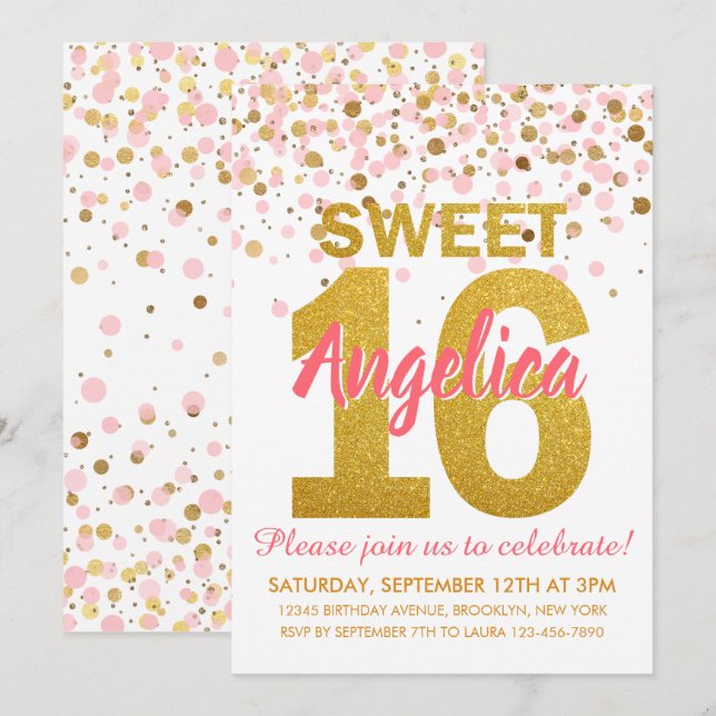 Pink Gold Glitzer Confetti Girl Sweet 16 Geburtsta Einladung (Vorne/Hinten)