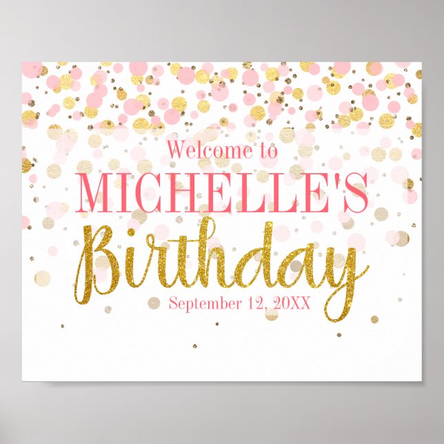 Pink Gold Glitzer Confetti Herzlich Willkommen Geb Poster (Vorne)
