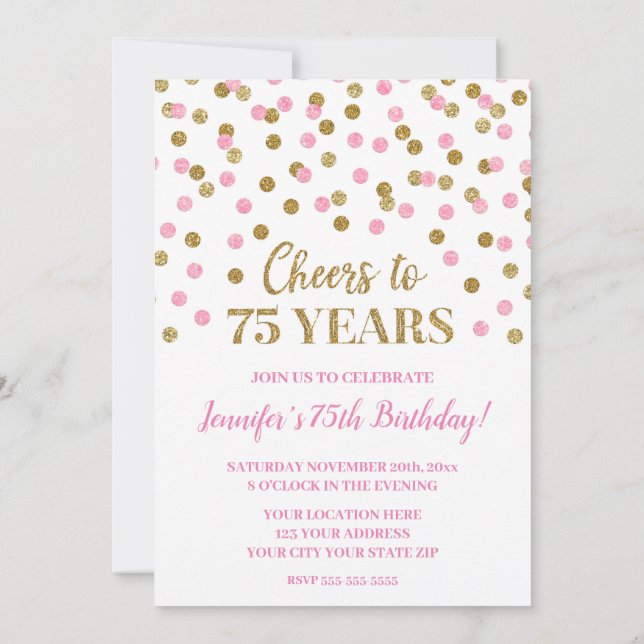 Pink Gold Glitzer Confetti jubelt auf 75 Jahre Einladung (Rückseite)