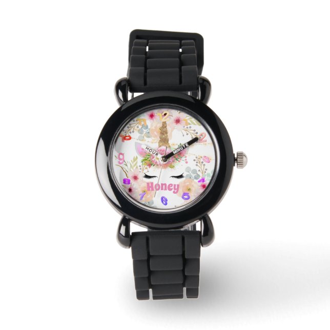 Pink Gold Glitzer Einhorn Face Trendy Girls Gesche Armbanduhr (Vorderseite)
