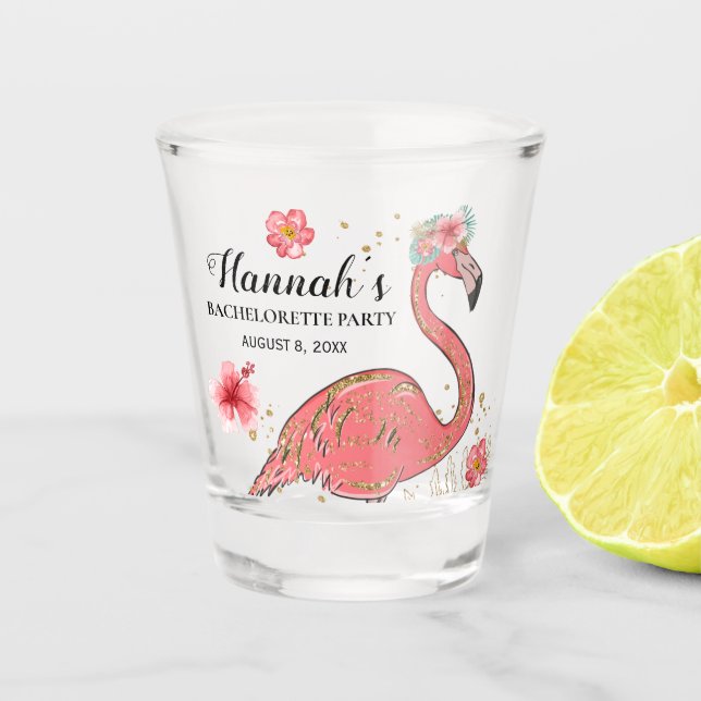 Pink Gold Glitzer Flamingo Bachelorett Party Schnapsglas (Vorderseite)