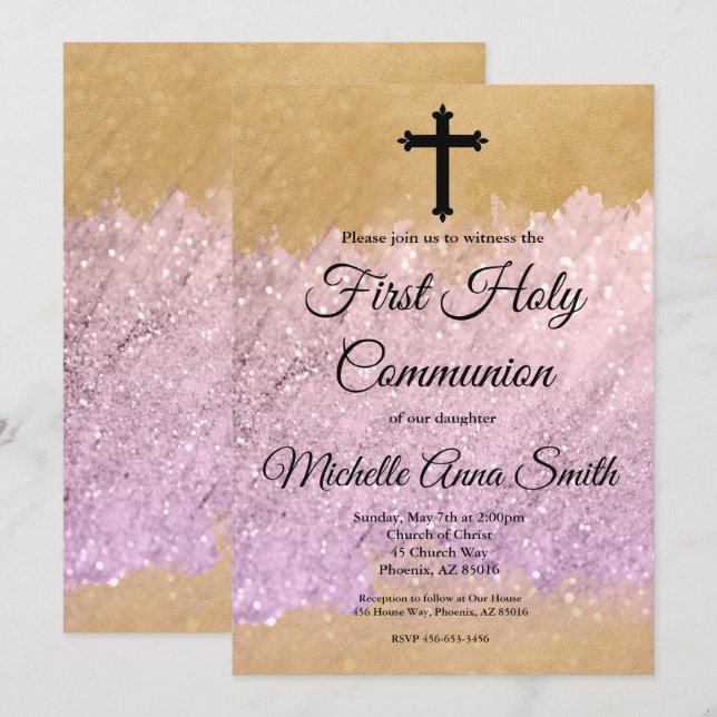 Pink Gold Glitzer Girl Erste Heilige Kommune Einladung (Vorne/Hinten)