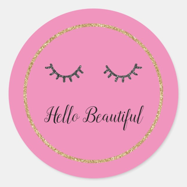 Pink Gold Glitzer Girly Black Eyelashes Runder Aufkleber (Vorderseite)