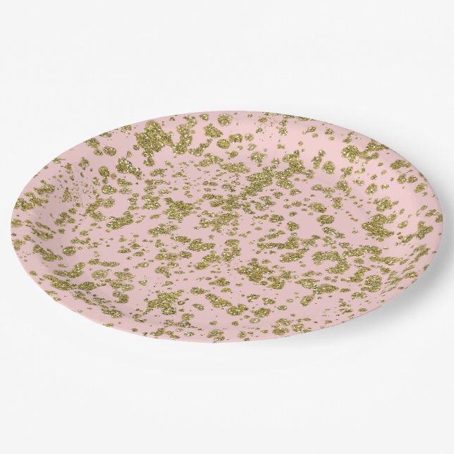 Pink & Gold Glitzer Girly Glam Moderner Spritzer Pappteller (Schrägansicht)