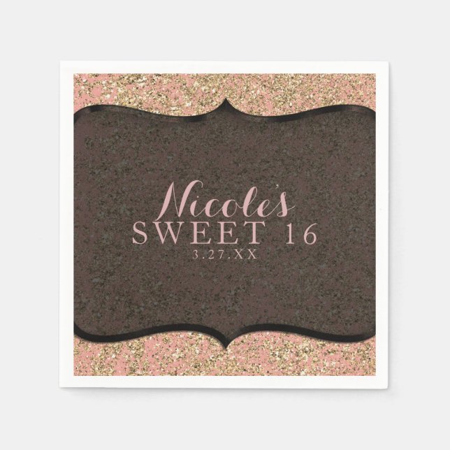 Pink & Gold Glitzer Glam Black Birthday Party Serviette (Vorderseite)