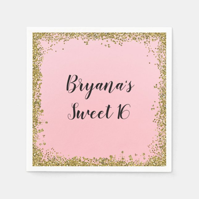 Pink Gold Glitzer Glam Edge Sweet 16 Custom Party Serviette (Vorderseite)
