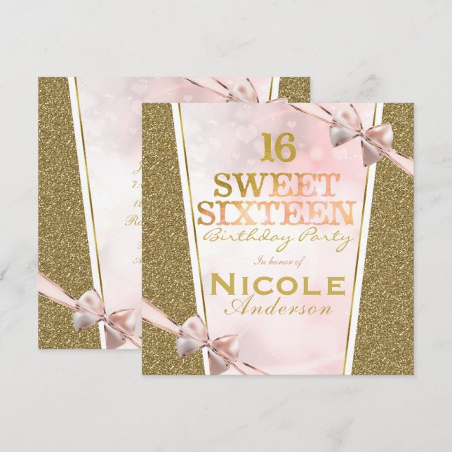 Pink Gold Glitzer Glam Sweet 16 Bow Birthday Party Einladung (Vorne/Hinten)