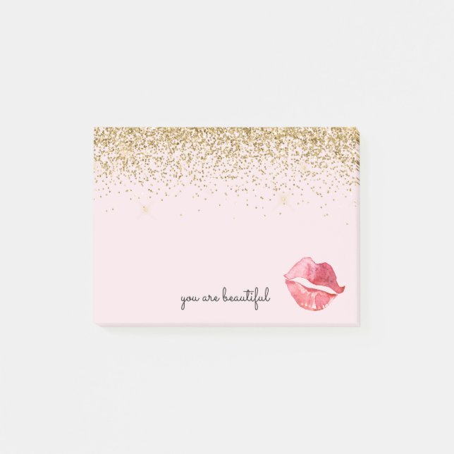 Pink Gold Glitzer Glam Watercolor Kiss Post-it Klebezettel (Vorderseite)