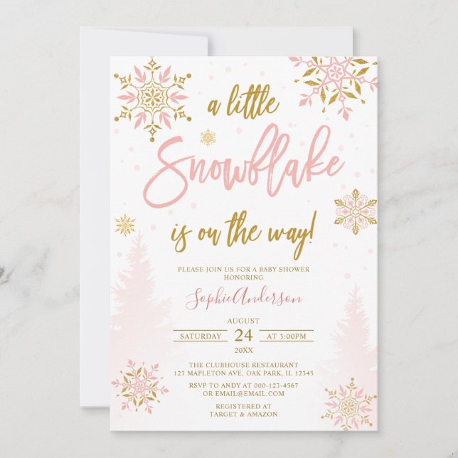 Pink Gold Glitzer Kleine Snowflake Babydusche Einladung (Vorderseite)