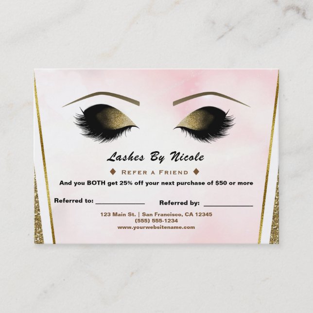 Pink Gold Glitzer Lashes Empfehlungskarte (Vorderseite)