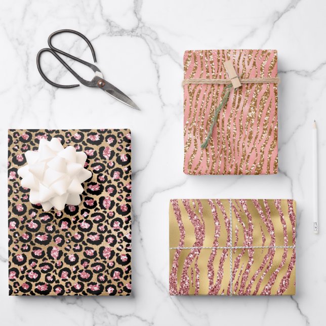 Pink Gold Glitzer Leopard Animal Print Geschenkpapier Set (Vorderseite)