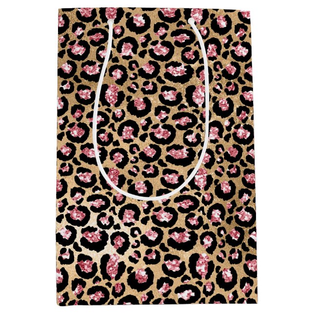 Pink Gold Glitzer Leopard Animal Print  Mittlere Geschenktüte (Vorderseite)