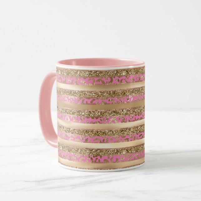 Pink Gold Glitzer Leopard Druckstreifen Tasse (Vorderseite Links)