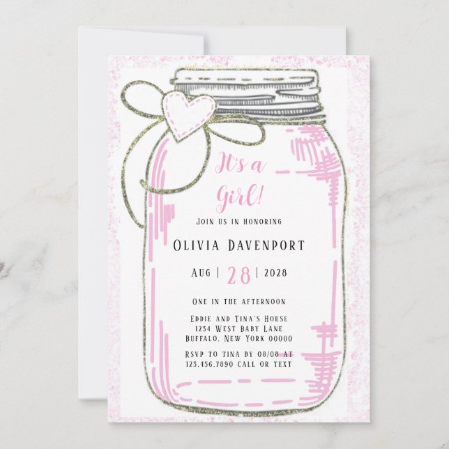 Pink Gold Glitzer Mason Jar Girl Babydusche Invit Einladung (Vorderseite)