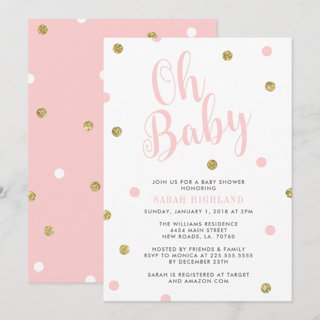 Pink & Gold Glitzer Oh Baby Dusche Einladung (Vorne/Hinten)