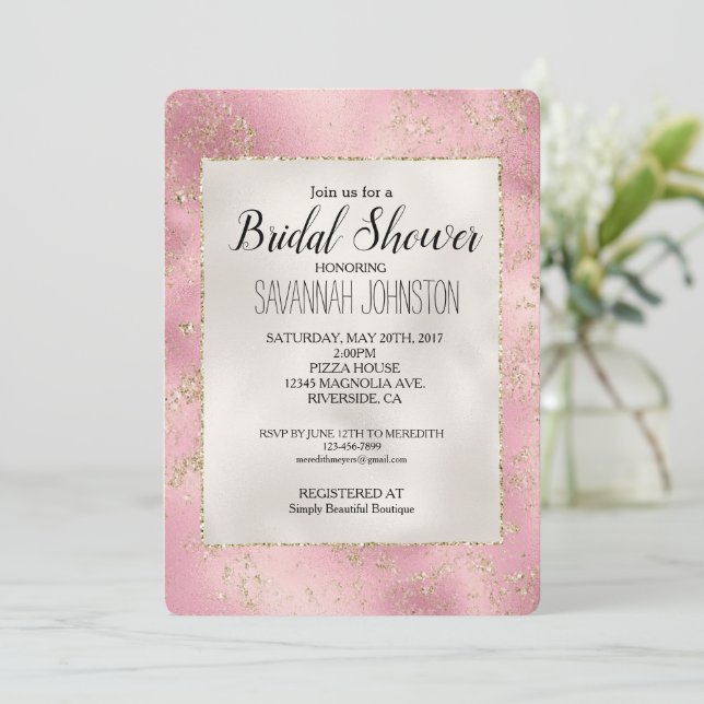 Pink Gold Glitzer Pearl White Brautparty Einladung (Stehend Vorderseite)