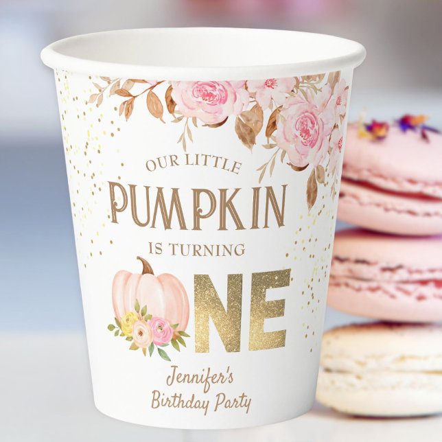 Pink Gold Glitzer Pumpkin Floral Girl 1. Geburtsta Pappbecher (Von Creator hochgeladen)