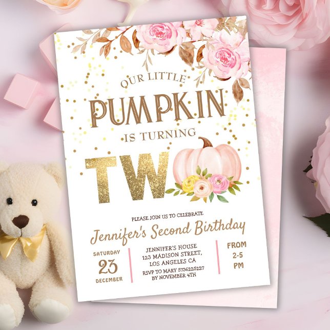Pink Gold Glitzer Pumpkin Floral Girl 2. Geburtsta Einladung (Von Creator hochgeladen)
