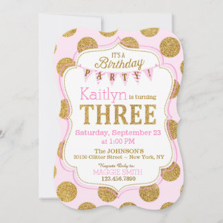 Pink Gold Glitzer Sparkle Dritter Geburtstag Einla Einladung