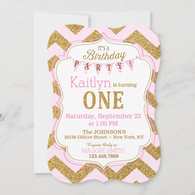 Pink Gold Glitzer Sparkle Erstgeburtstag Einladung (Vorderseite)
