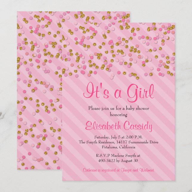 Pink & Gold Glitzer Sprinkle Kinderdusche laden ei Einladung (Vorne/Hinten)