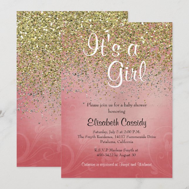 Pink & Gold Glitzer Sprinkle Kinderdusche laden ei Einladung (Vorne/Hinten)