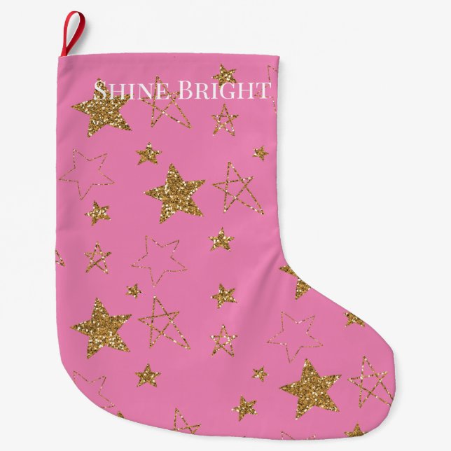 Pink Gold Glitzer Stars Großer Weihnachtsstrumpf (Vorderseite)