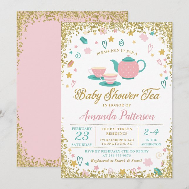 Pink Gold Glitzer Tee Party Kinderdusche Einladung (Vorne/Hinten)