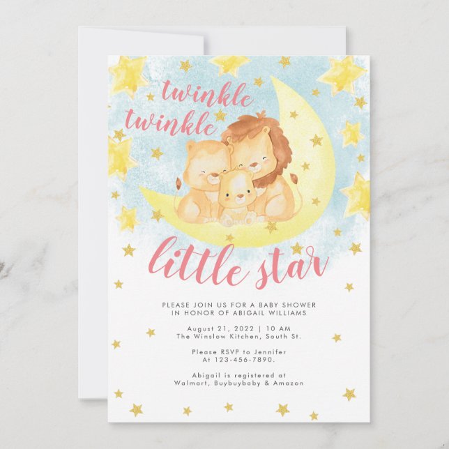 Pink Gold Glitzer Twinkle Little Star Baby Dusche Einladung (Vorderseite)