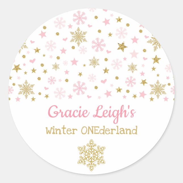 Pink Gold Glitzer Winter Snowflake ONEderland Baby Runder Aufkleber (Vorderseite)
