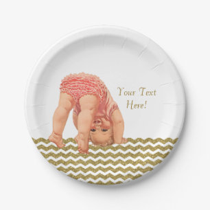 Pink Gold Glitzer Zickzack Baby Dusche Pappteller