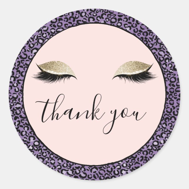 Pink Gold Glitzy Black Eyelashes Lila Leopard Runder Aufkleber (Vorderseite)