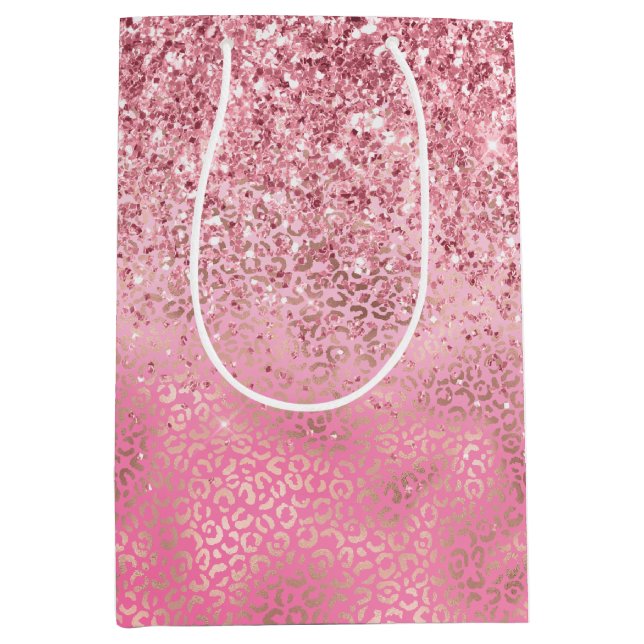 Pink Gold Glitzy Glitzer Ombre Leopard Print Mittlere Geschenktüte (Vorderseite)