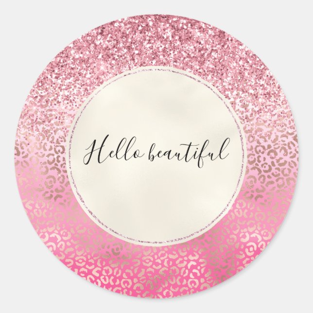 Pink Gold Glitzy Glitzer Ombre Leopard Print Runder Aufkleber (Vorderseite)
