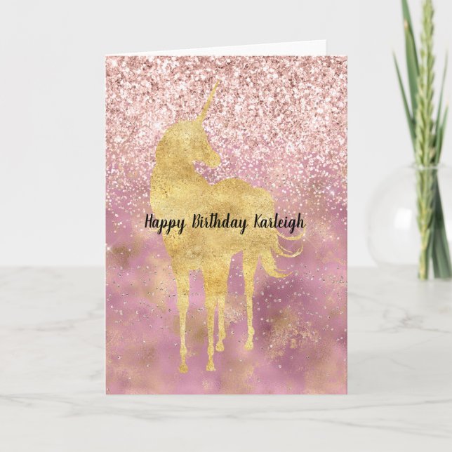 Pink Gold Glitzy Glitzer Unicorn Karte (Vorderseite)